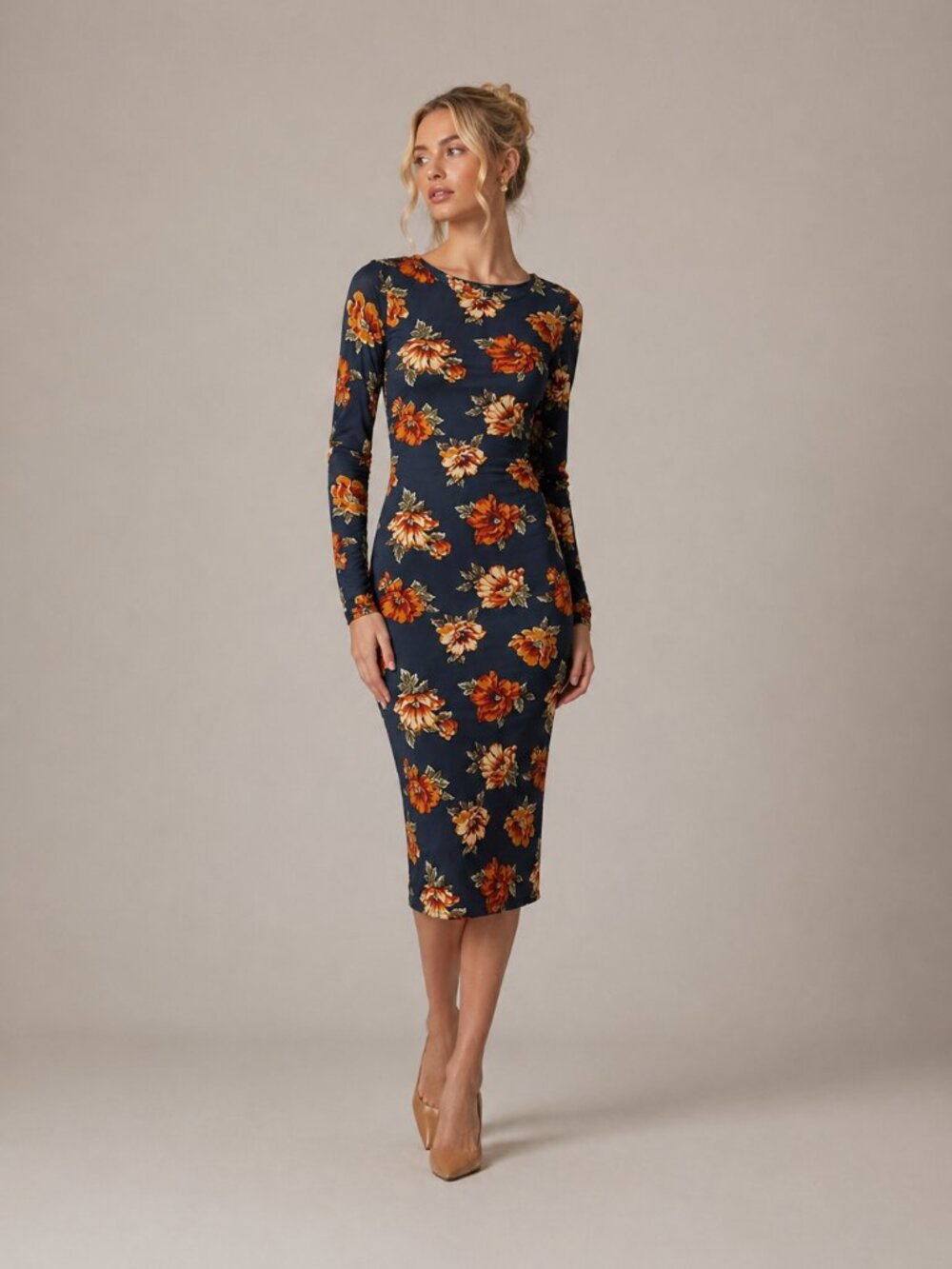 Blue Bodycon Midi Stretch Orange Floral Long Sleeve Dress XS